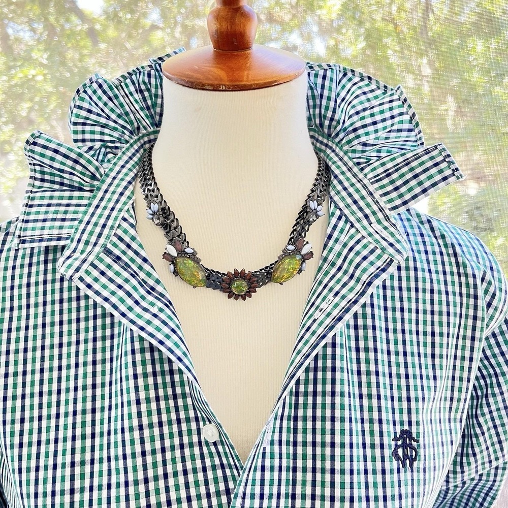 Upcycled Re-worked Brooks Bros Green Navy Micro Check Ruffle Collar Crop Shirt M - Picture 2 of 11